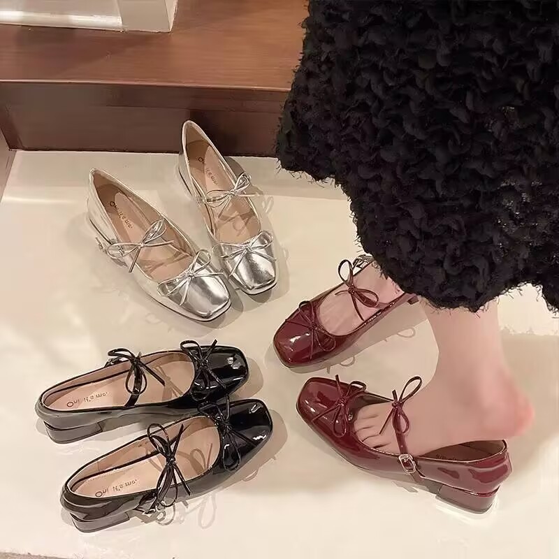 Elegant Square-toe Mary Jane Shoes With A Bow And A Single Strap