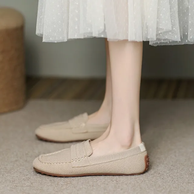 Gommino Female Square Toe Pumps Women's Knitted Braided Shoes Foreign Trade Casual Loafers Princess Shoes Apricot - Shop at LoveMi