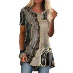 Crew Neck Casual Ethnic Style Vintage Print Short Sleeves T-shirt - T15 Marble - View 1
