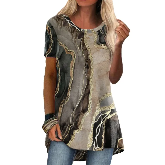 Crew Neck Casual Ethnic Style Vintage Print Short Sleeves T shirt T15 Marble - Shop at LoveMi