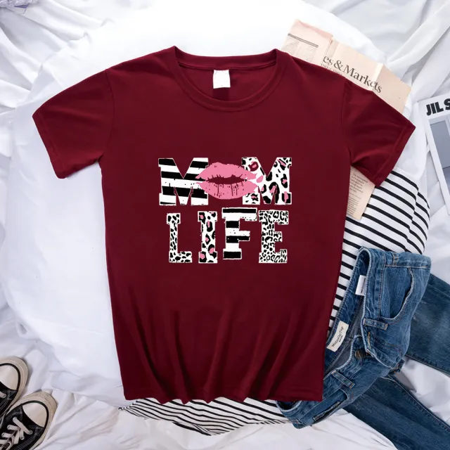 Mother's Day MOM LIFE Leopard Print Lip Printings Round Neck Short Sleeve T shirt Wine Red - Shop at LoveMi