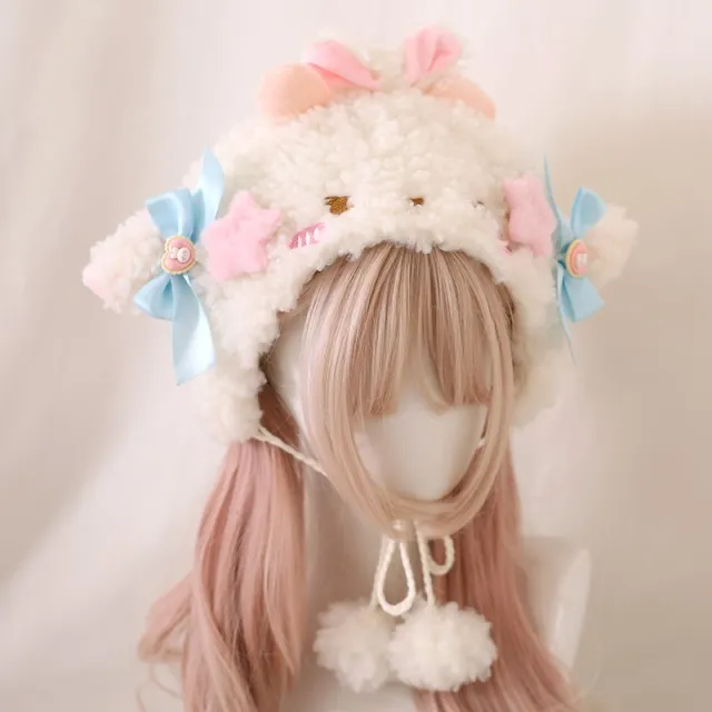 Cute Lamb Ears Earmuffs Hat Lambswool Bucket Hat Blue Bow - Shop at LoveMi