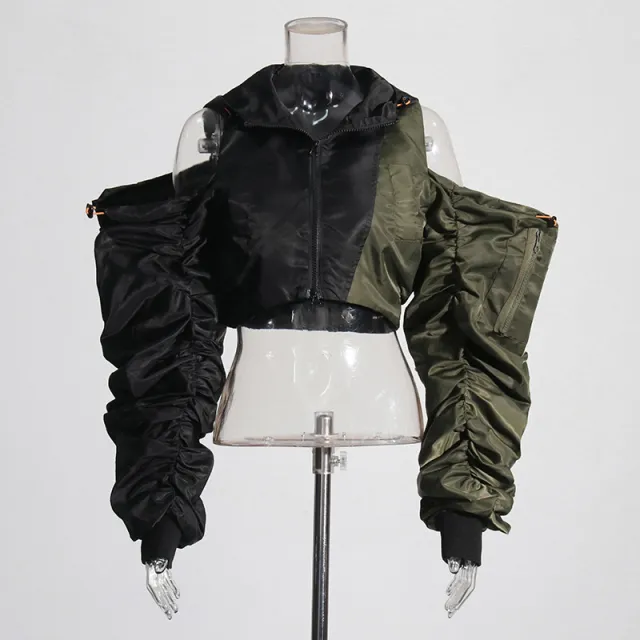 Fashion Pleating Off the shoulder Design Color Matching Short Top Coat Green - Shop at LoveMi