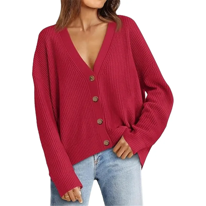 Women's Sweater Lightweight Button Cardigan No Pilling No Fading - Wine Red