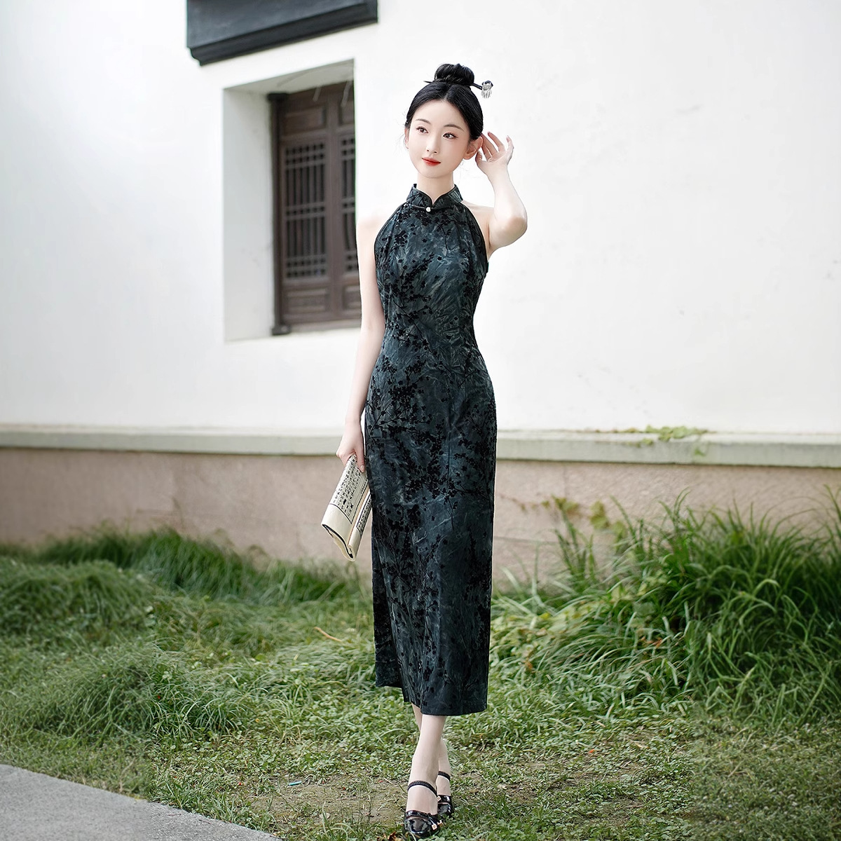 Womens New Chinese style Halter Cheongsam Slimming Midi Dress Blue - Shop at LoveMi