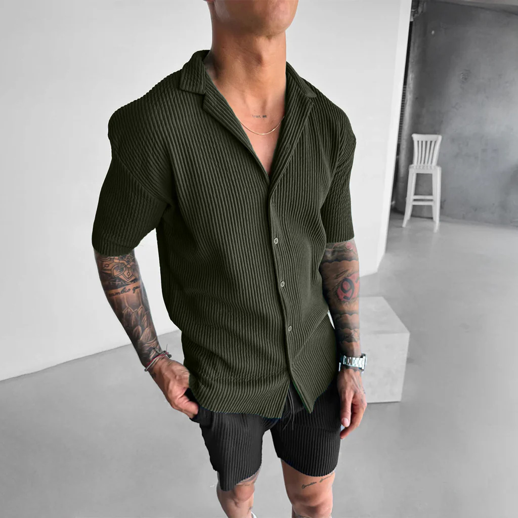 Mens Solid-Color Short-Sleeve Casual Cardigan Shirt