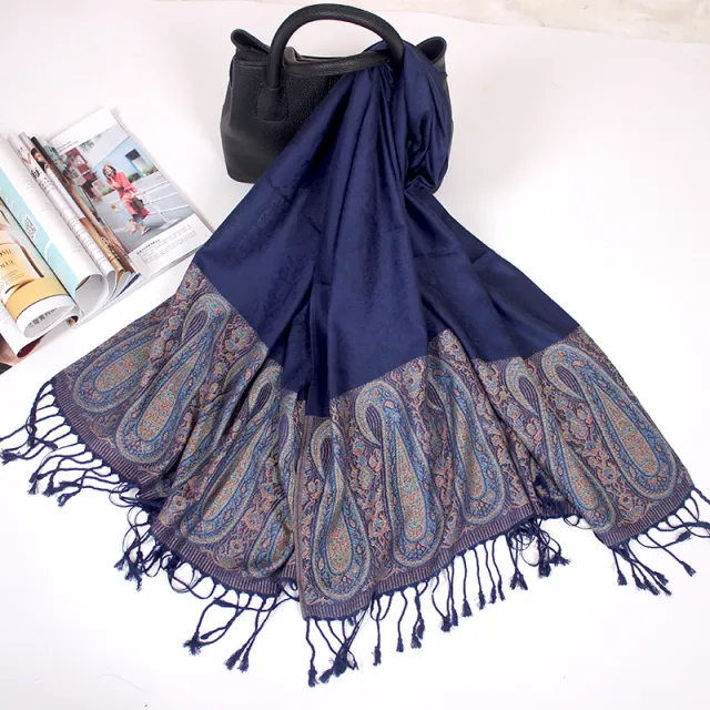 Ethnic Style Cashew Scarf Air Conditioning Talma Scarf Dual use Jacquard Tassel Navy Blue - Shop at LoveMi