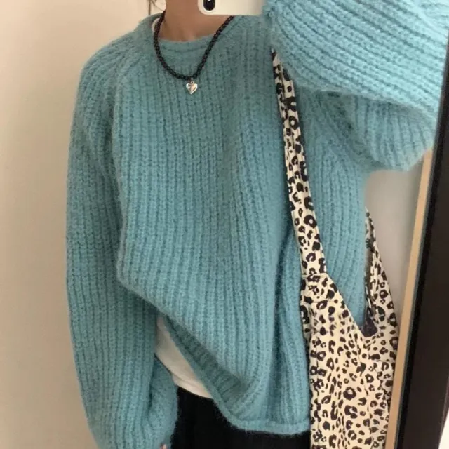 Idle Style Round Neck Sweater For Women Blue - Shop at LoveMi