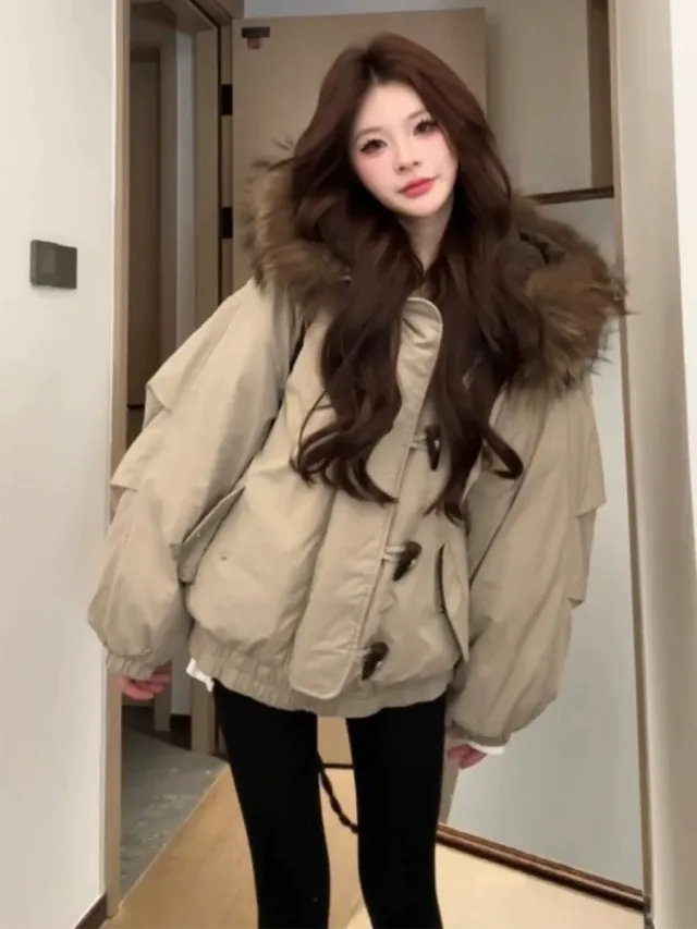 Retro Big Fur Collar Hooded Cotton Jacket Women's Coat Khaki - Shop at LoveMi