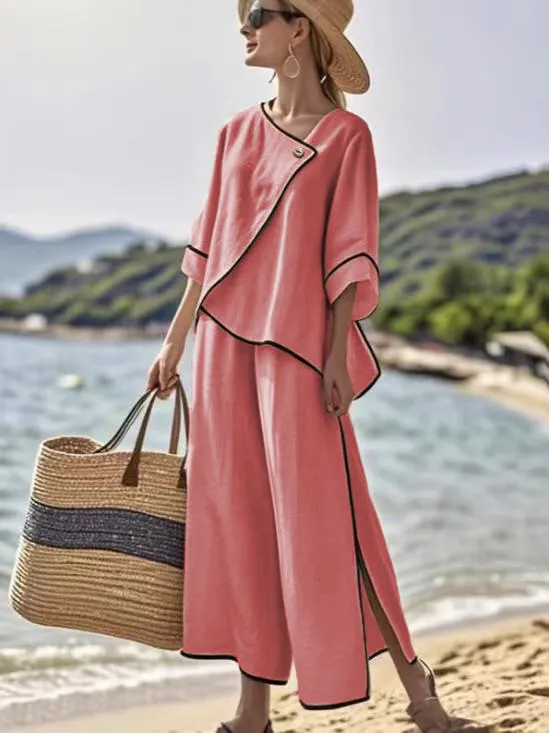 Womens Vacation Ready Loose Striped Print Wide Leg Pants Set Pink - Shop at LoveMi