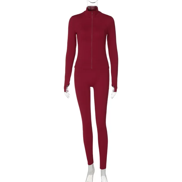 Cardigan Turtleneck Long Sleeve Top Slim Fit Sports Yoga Trousers Suit Wine - Shop at LoveMi