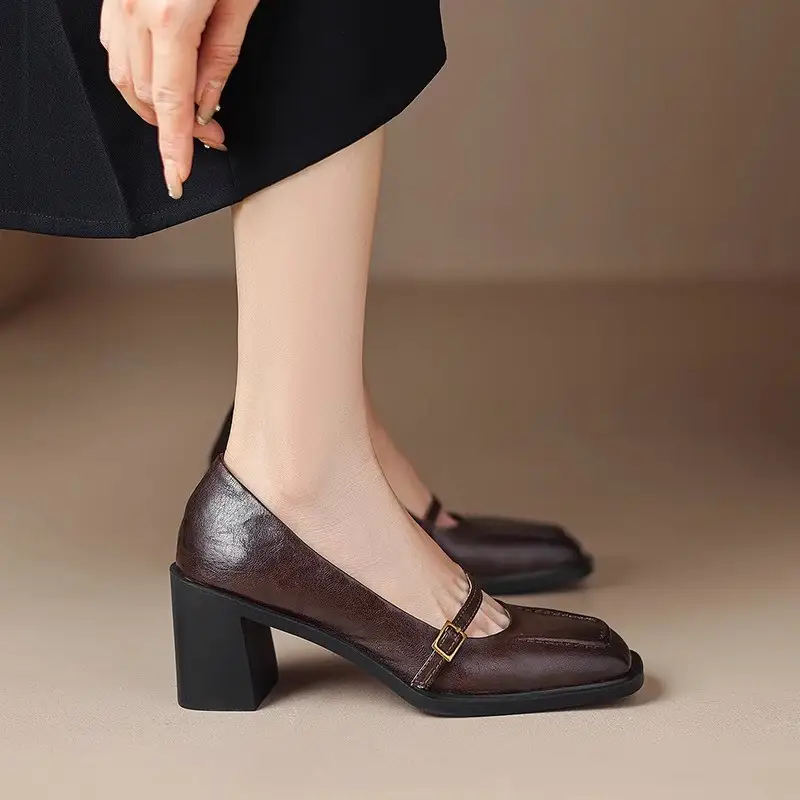 Spring And Autumn New Retro Square Head Women's Soft High Heel Pumps