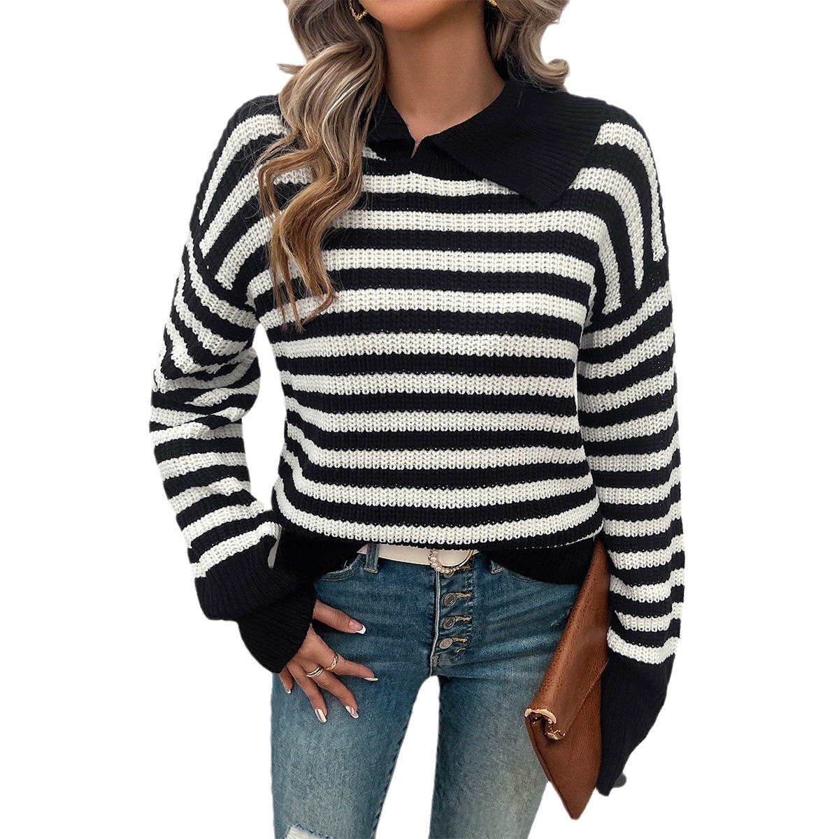 Top Women's Loose Lapels Striped Long Sleeve