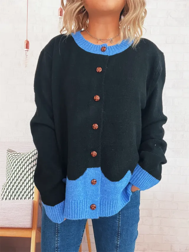 Color Effect Collar Single breasted Casual Loose Knitted Cardigan Casual Sweater Black - Shop at LoveMi