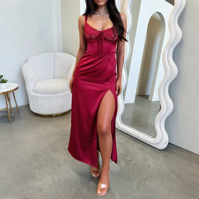 Elegant Sling Lace Long Dress Dress Women's Clothing Wine Red - Shop at LoveMi