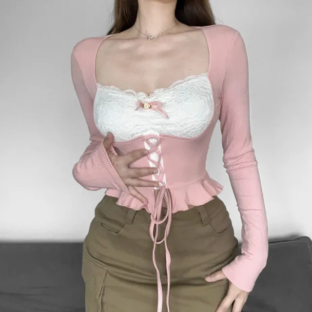 Lace Edge Waist Trimming Lace Up Long Sleeve Waist controlled Top Women Pink - Shop at LoveMi