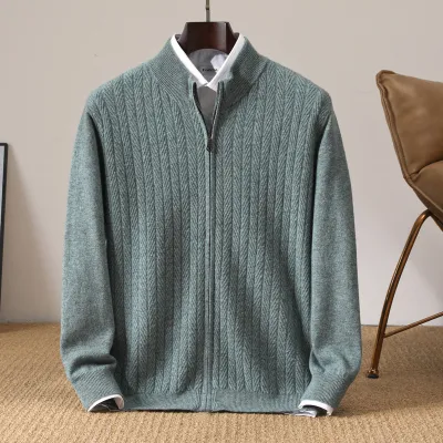Wheat Twisted Zipper Knitted Cardigan Coat Men's High Sense