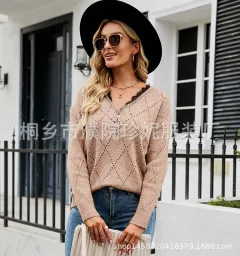 Women's Hollow Zipper Half Cardigan V-neck Lace Pullover Outerwear Sweater - Khaki - View 1