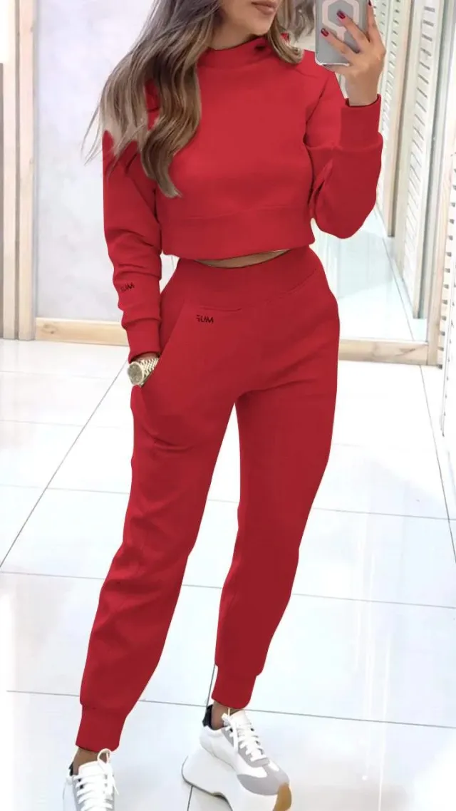 Stand Collar Sports Suit Fashion Pullover Long sleeves Short Top And Slim Trousers With Pockets Solid Outfits Women's Clothing Red - Shop at LoveMi
