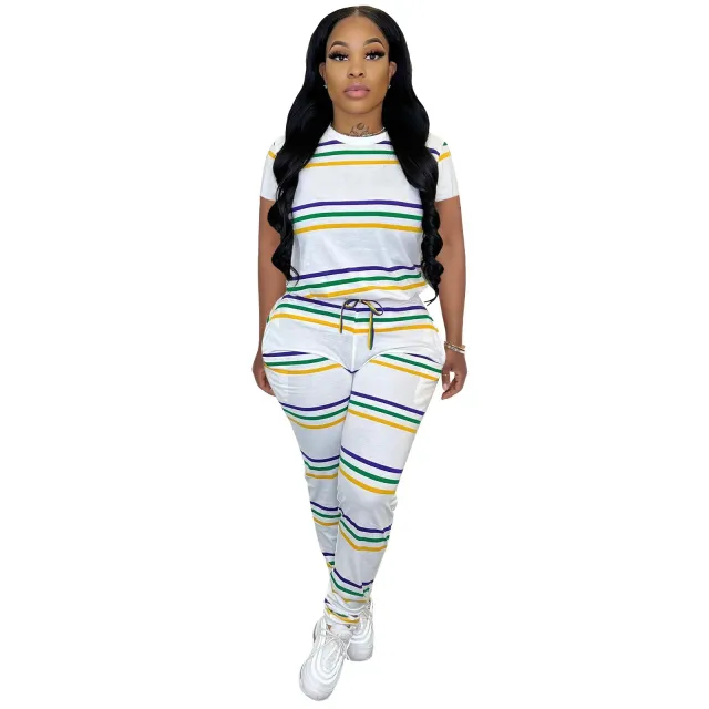 Striped Position Printed Crew Neck Short Sleeve Pants Set White - Shop at LoveMi
