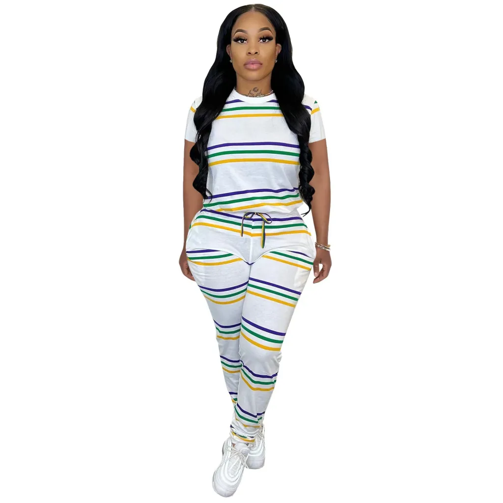 Striped Position-Printed Crew-Neck Short-Sleeve Pants Set - White