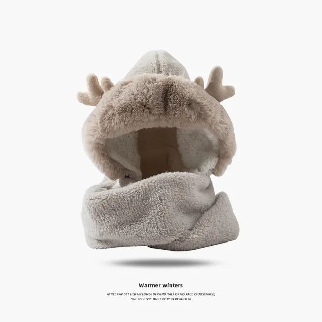 Christmas Elk Ear Hat Scarf Gloves Integrated Three piece Set Color Matching Antlers Beige - Shop at LoveMi