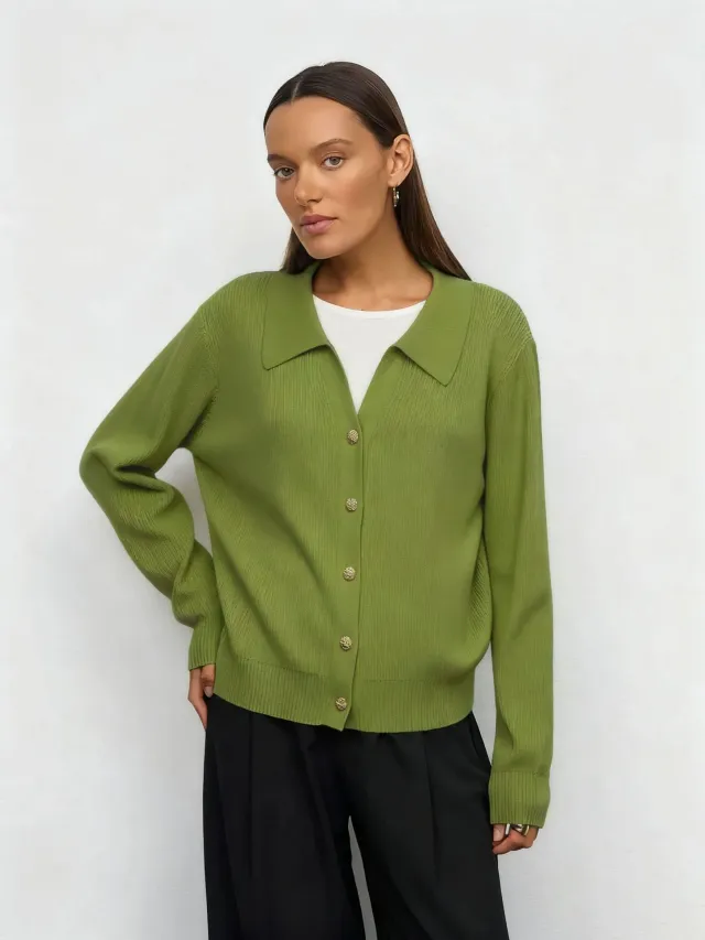 Women's V neck Casual Fashionable Knitted Cardigan Green - Shop at LoveMi