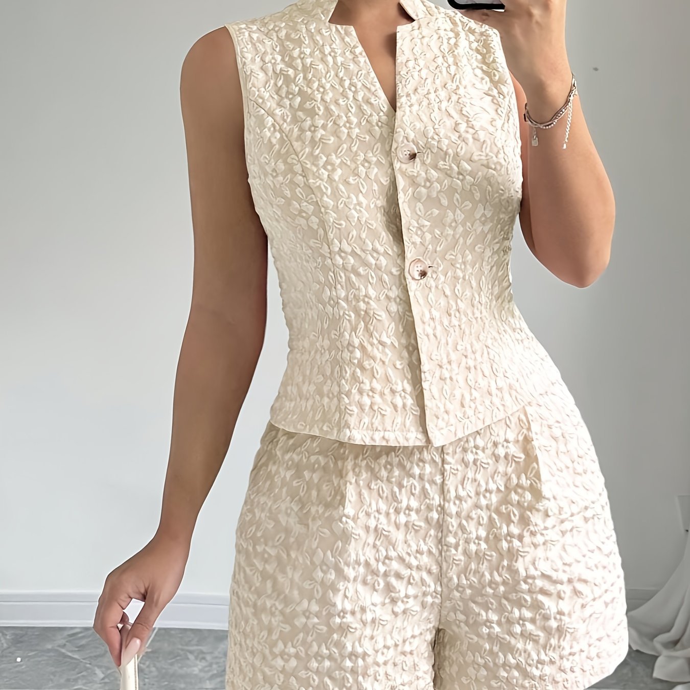 European And American Size Women's Elegant Solid Color Jacquard Sleeveless Vest And Shorts Two piece Set Apricot - Shop at LoveMi