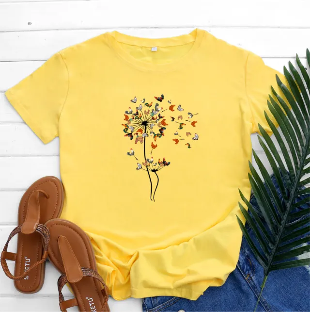 European And American Rooster Dandelion Printed Cotton Short Sleeve Yellow - Shop at LoveMi