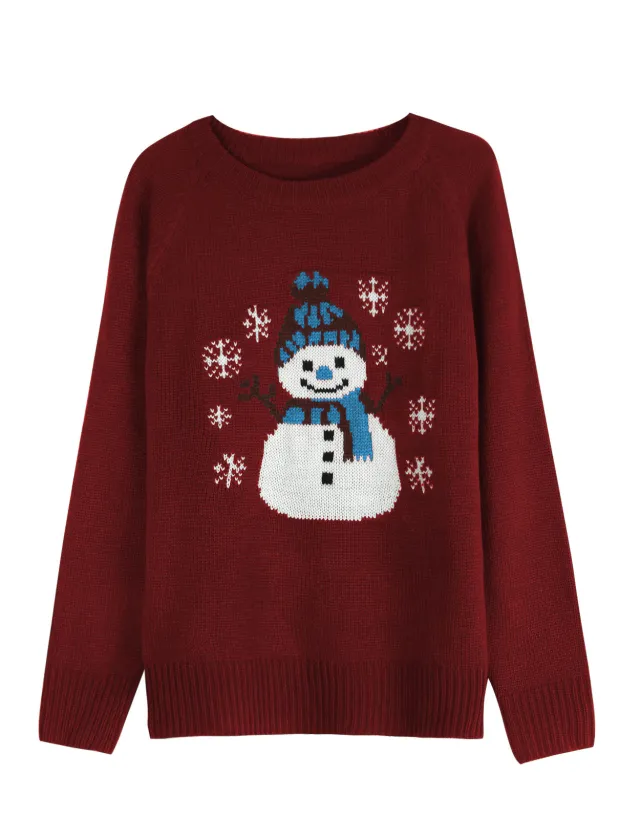 Cute Snowman Embroidered Pullover Sweater For Women Red - Shop at LoveMi
