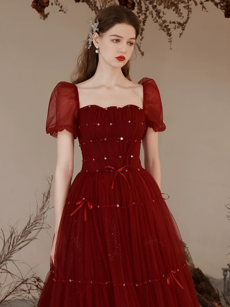 Slimming Engagement Puff Sleeve Evening Dress Princess Style Wine Red - Shop at LoveMi