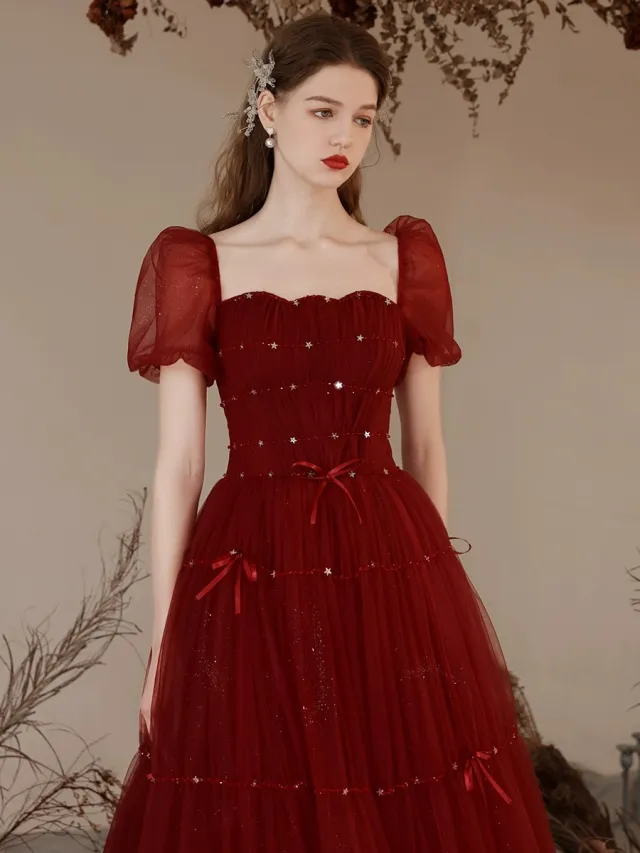 Slimming Engagement Puff Sleeve Evening Dress Princess Style Wine Red - Shop at LoveMi
