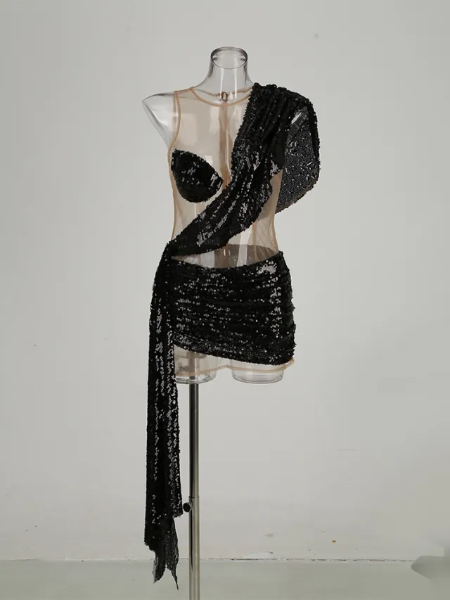 Sexy See through Sequins Elegant Shoulder Stitching Dress Black - Shop at LoveMi