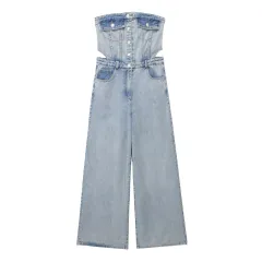 Women's Fashion Tube Top Denim Jumpsuit - Light Blue - View 1