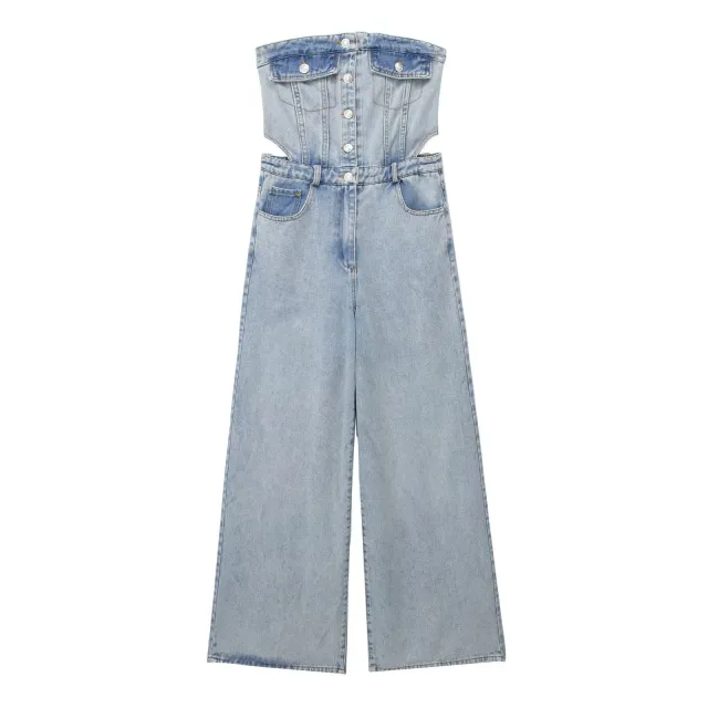 Women's Fashion Tube Top Denim Jumpsuit Light Blue - Shop at LoveMi