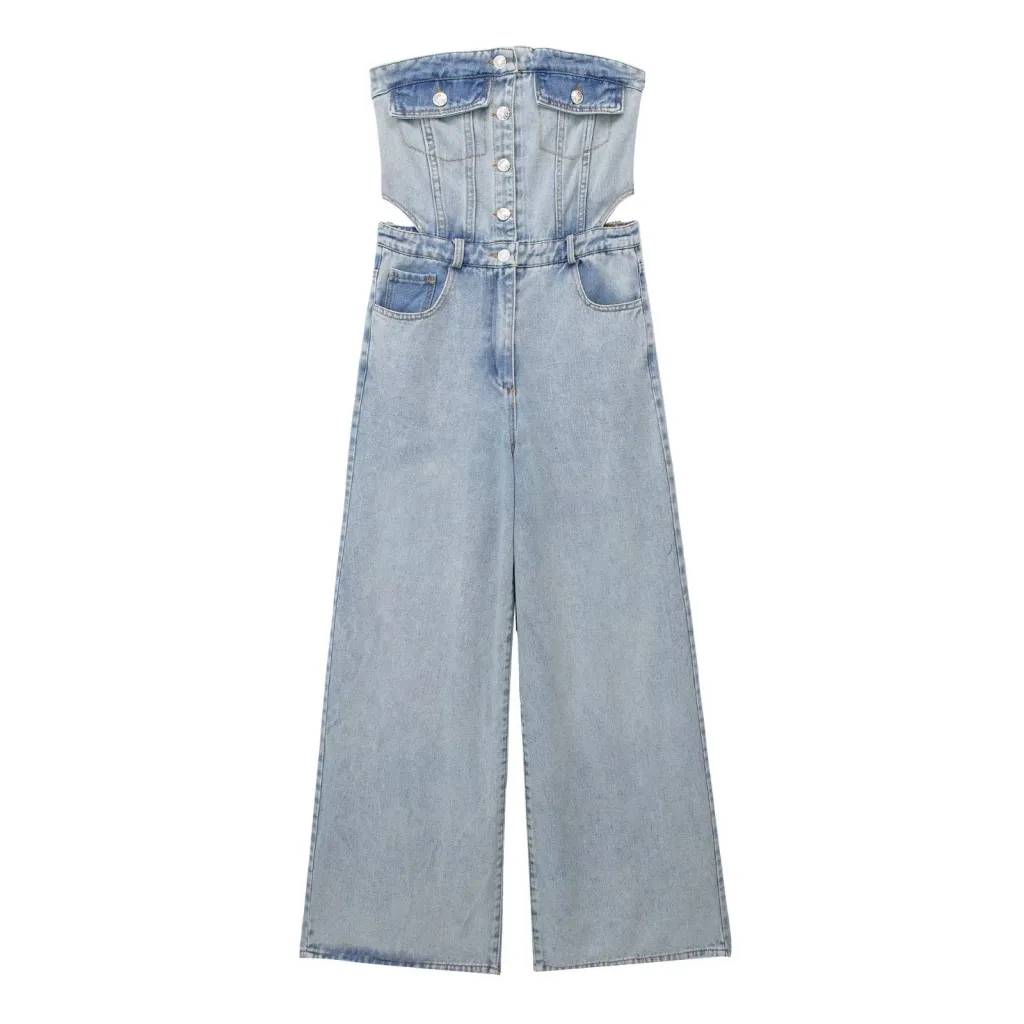 Women's Fashion Tube Top Denim Jumpsuit - Light Blue