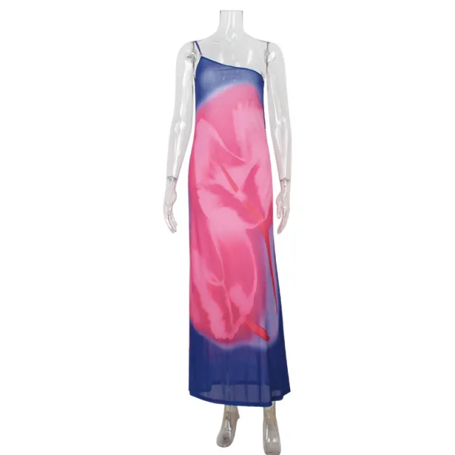 One Shoulder Diagonal Collar Printed Backless Long Dress Printing - Shop at LoveMi
