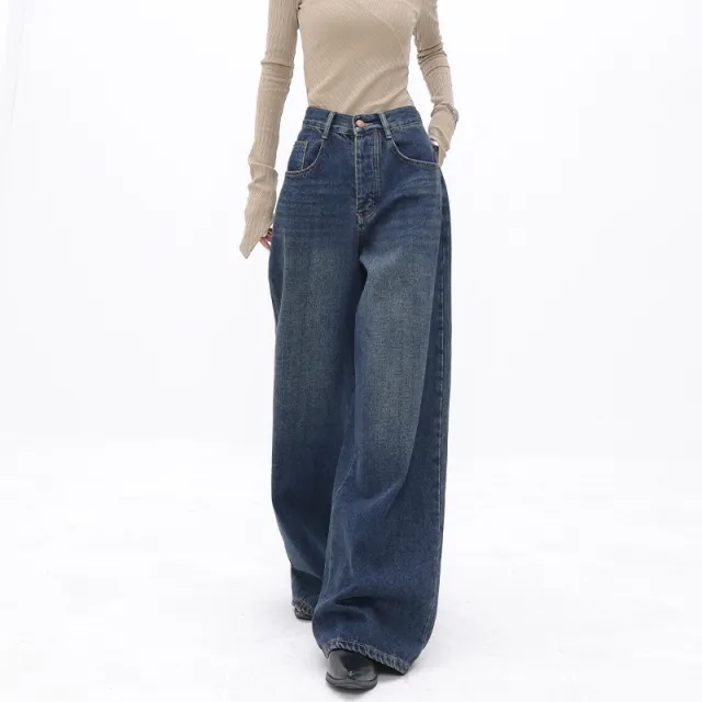 Retro Wide Leg Jeans Women's High Waist Loose Straight Mopping Pants Dark Blue - Shop at LoveMi