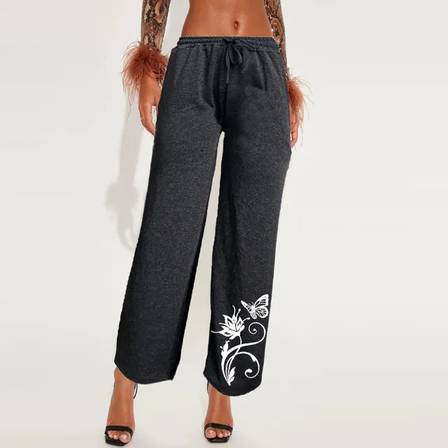 Casual Pants Loose Women's Drawstring Pocket Wide Leg Pants Dark Gray - Shop at LoveMi