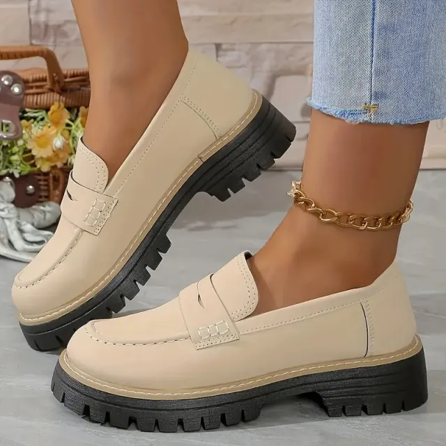 Leisure Matte British Style Women's Shoes Chunky Heel Platform Beige - Shop at LoveMi