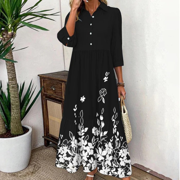 Digital Printing Button Blouse Collar Dress Black - Shop at LoveMi