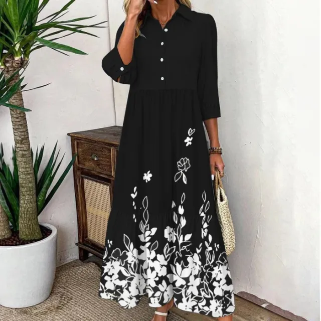 Digital Printing Button Blouse Collar Dress Black - Shop at LoveMi
