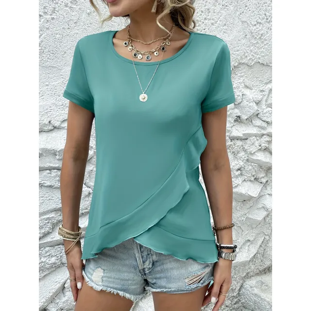 Women's Summer New Slim Fit Slimming Flounce Short Sleeve T shirt Top Blue - Shop at LoveMi