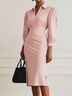 V-neck Solid Colour Waist Tight Pleated Dress - Pink - View 1
