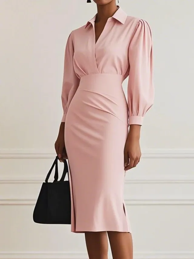 V neck Solid Color Waist Tight Pleated Dress Pink - Shop at LoveMi