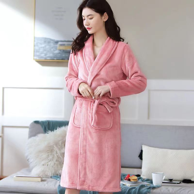 Flannel Robe Coral Fleece Long-length Womens Loungewear Robe