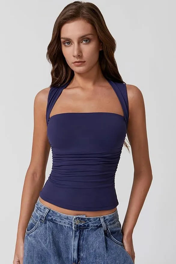 Off the shoulder Square Collar Shoulder Strap Midriff baring Top Blue - Shop at LoveMi