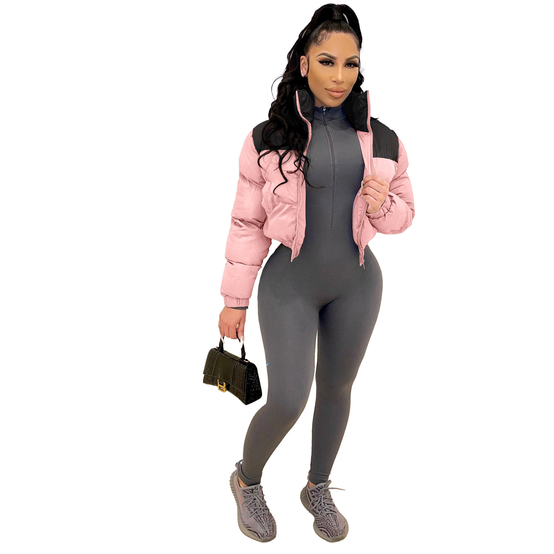 Women's Coat Fashionable Brand Classic Cotton padded Jacket European And American Short Flight Jacket Pink - Shop at LoveMi