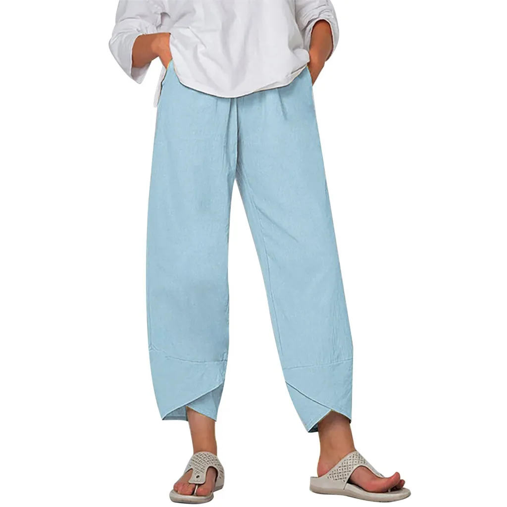 Solid Color Plus Size Women's Simple Loose Casual Cropped Pants - Sky Blue