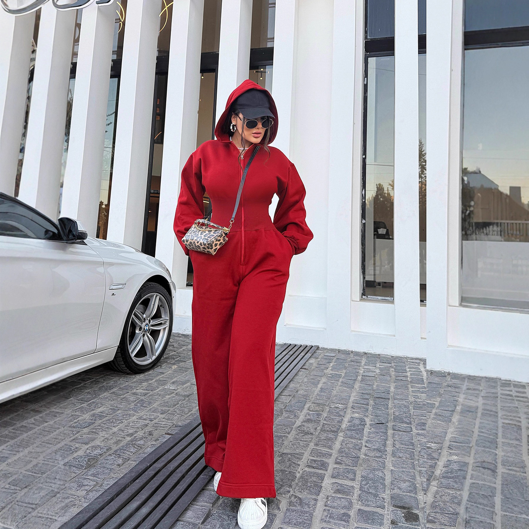 Hooded Zip-up Stretch-waist Jumpsuit